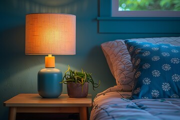 A homey nook featuring a textured lampshade and a potted plant on a wooden side table, creating a relaxing bedroom environment