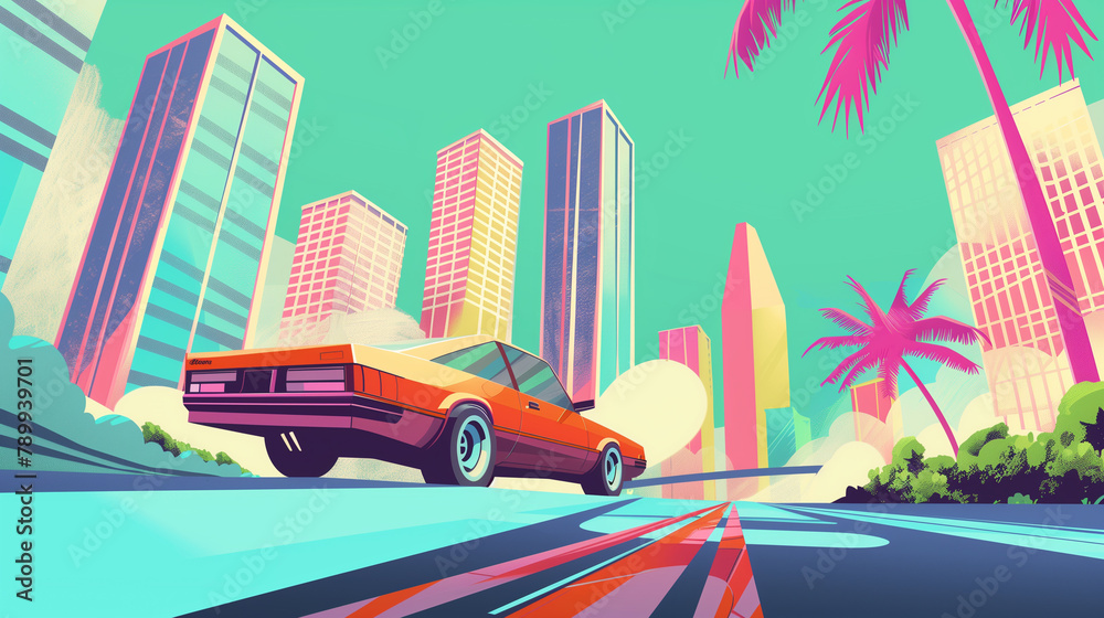 Wall mural copy space, Summer vibes 80s style illustration, car driving, skyscrapers in background, comic style. Nostalic 80’s poster. 80’s background for poster. Nostalic adventure mockup. Print for T-shirt. - Wall murals
