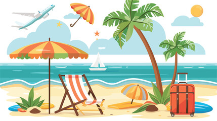 Fototapeta na wymiar Suitcase deck chair and plane palm tree and umbrella