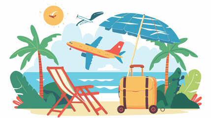 Suitcase deck chair and plane palm tree and umbrella
