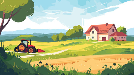 Summer landscape with farmhouse and tractor on the fi