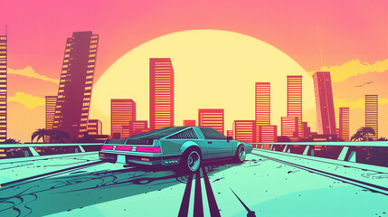 copy space, Summer vibes 80s style illustration, car driving, skyscrapers in background, comic style. Nostalic 80’s poster. 80’s background for poster. Nostalic adventure mockup. Print for T-shirt.