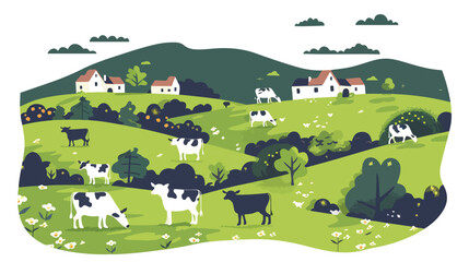 Summer landscape with village and herd of cows