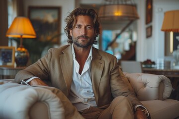 Handsome man with long hair sits confidently in a luxurious interior setting