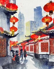 Watercolor drawing of Chinatown with people silhouettes