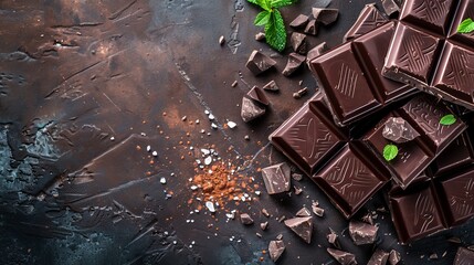   A black surface holds a collection of chocolates garnished with mint leaves A spoon and an adjacent spoon are nearby - obrazy, fototapety, plakaty