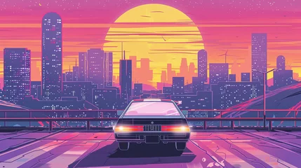 Rugzak copy space, Summer vibes 80s style illustration, car driving, skyscrapers in background, comic style. Nostalic 80’s poster. 80’s background for poster. Nostalic adventure mockup. Print for T-shirt. © Dirk