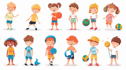 Set of different kids with toys and balls. Vector 