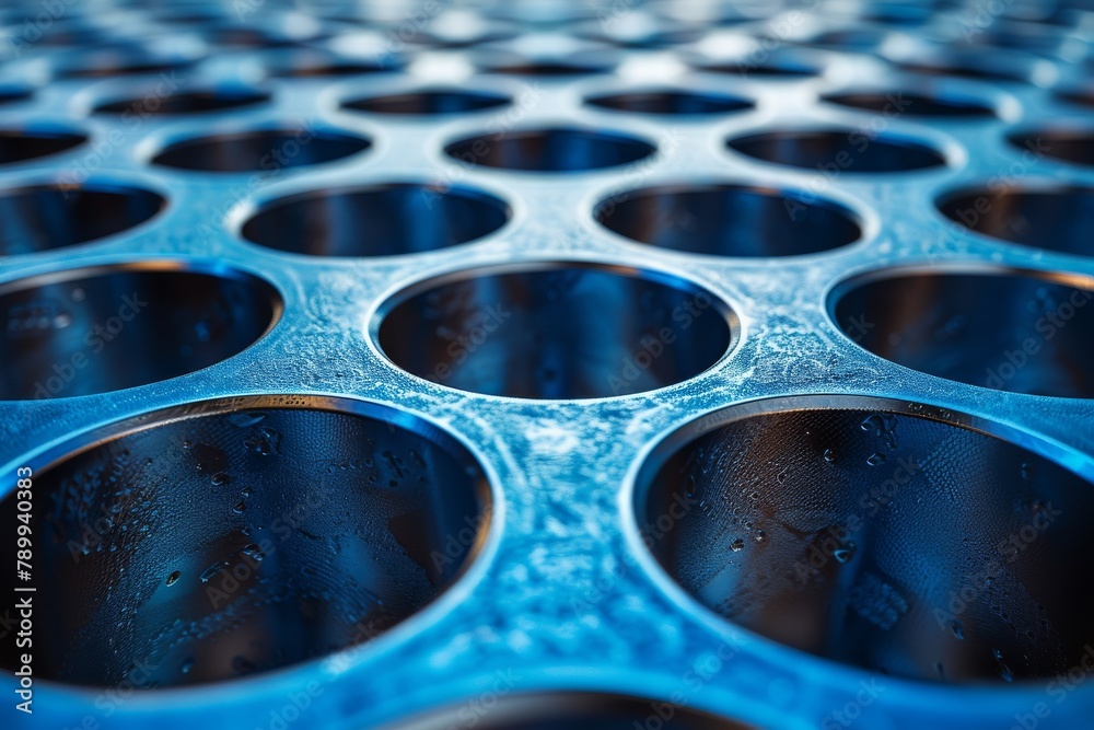 Poster a close-up of blue hued metallic structure forming a repetitive circular pattern with a sense of dep