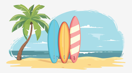 Fototapeta na wymiar Surfboards on a beach. Palm tree and blue sea. Vector