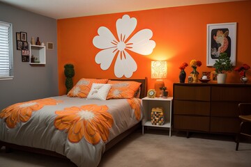 1960s Flower Power Bedroom Designs: Tangerine Accent Wall and Medallion Prints Wonderland