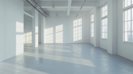 A large, empty room with white walls and a grey floor. The room is very bright and open, with large windows letting in plenty of natural light. The space feels clean and uncluttered