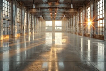 A vast industrial empty space with sleek concrete floors illuminated by the warm glow of sunset rays