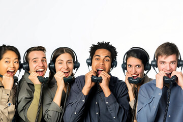 energy and dedication of call center representatives as they assist customers over the phone, against a white background, illustrating the responsiveness and effectiveness of custo - obrazy, fototapety, plakaty