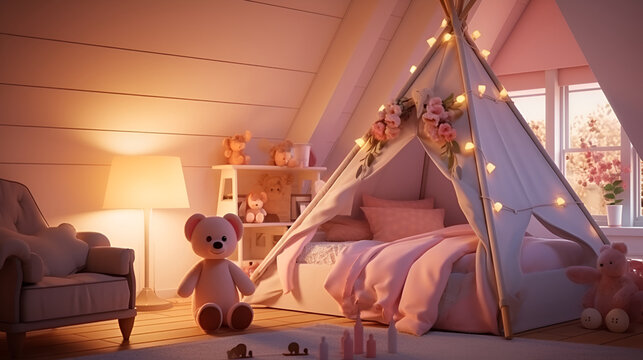 A Room for the Recently Arrived Baby ,Children's room in style with a tent and a large teddy bear, a wigwam tent, interior of a childrens playroom with a tent lamps and toys in dark