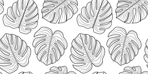 Seamless pattern of openwork monstera leaves. - obrazy, fototapety, plakaty