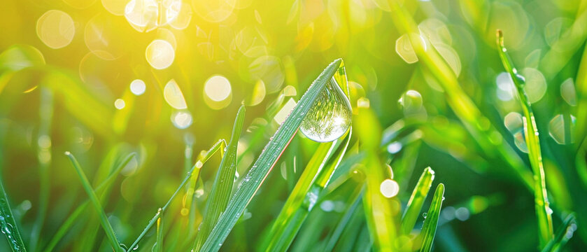 Macro photo of dewdrop refracting sunlight, perched delicately on a vibrant green blade of grass.