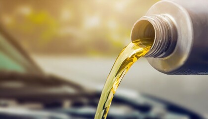 Golden motor oil flows from a bottle, servicing a vehicle. The pour signifies maintenance and the lifeblood of engines.