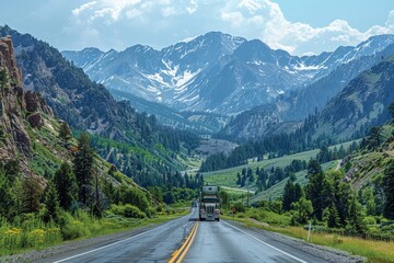 A picturesque road trip view with a recreational vehicle in the foreground, leading into a landscape of mountains and forests