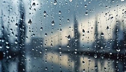Raindrops bead on a window with a blurred cityscape in the distance. The droplets distort the urban skyline, creating a moody, reflective atmosphere.