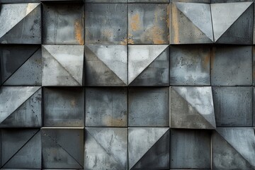 A close-up texture shot of a wall with weathered triangular concrete tiles that create a 3D geometric pattern
