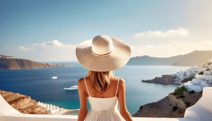 Elegant woman enjoying a stunning seascape. The traveler gazes over the serene waters from a high vantage point.