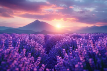 A serene image of a blooming lavender field with a warm sunset backdrop highlighting the beauty of...