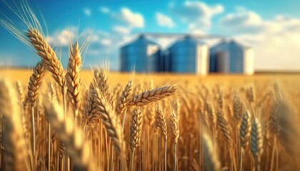 Ripening ears of wheat before silos under a vast blue sky. The harvest-ready cereal basks in the warm, amber light of the countryside.