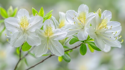 Fototapeta premium A branch bearing a cluster of white blossoms against a hazy backdrop of green foliage