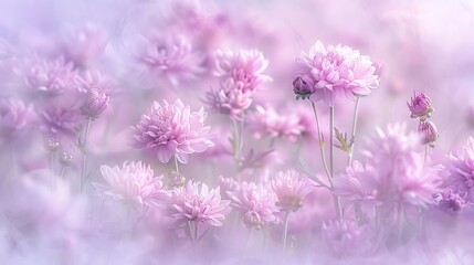 Naklejka premium A field of pink blooms with a hazy, pastel sky behind