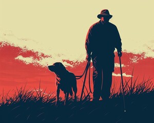 Empowering scene on a wallpaper featuring a guide dog helping a blind man navigate with a long cane, highlighting independence and companionship - obrazy, fototapety, plakaty
