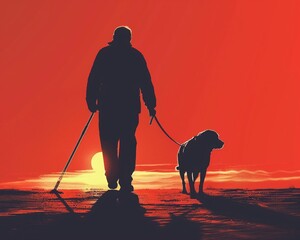 Empowering scene on a wallpaper featuring a guide dog helping a blind man navigate with a long cane, highlighting independence and companionship