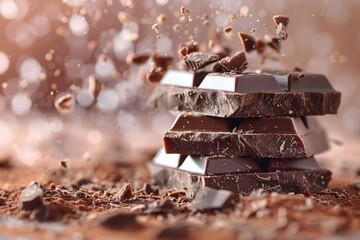 A tantalizing close-up image showcasing a stack of chocolate pieces with shavings flying around, capturing the essence of indulgence - Powered by Adobe