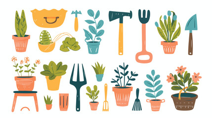 Set of various gardening items. Garden tools. Potted
