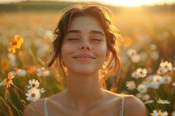 Fototapeta premium A cheerful young woman enjoying the sunset in a field of daisy flowers