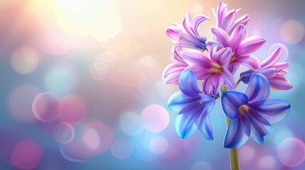   A purple flower, tightly framed, against a backdrop of blue and pink Background softly blurred with light's gentle bokeh