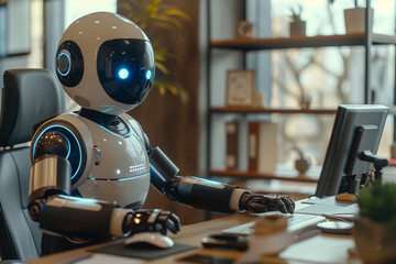 A cutting-edge humanoid robot at a workspace, embodying advanced technology in an office environment with a focus on enhancing productivity and interaction