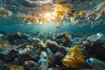 Fototapeta na wymiar Underwater perspective of the ocean's surface filled with floating trash and plastic pollutants