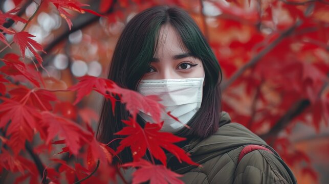 Attractive woman with colorful eyes looking from behind red autumn. mouth and birnu covered with surgical mask.
pandemic time