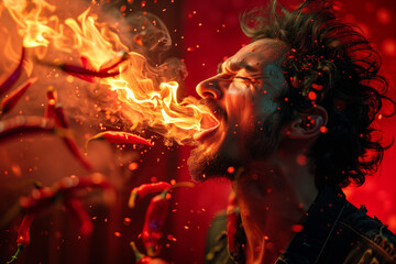 An intense visual metaphor captures a man's fiery reaction to the scorching heat of chili peppers, symbolizing the overwhelming power of spiciness