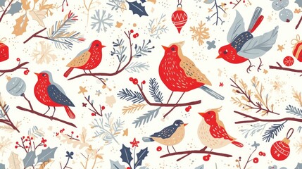2d doodle illustration for Christmas featuring a winter pattern adorned with charming birds and snow