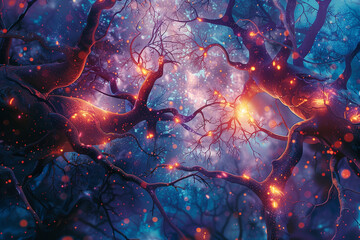A mystical depiction of tree branches reminiscent of neural pathways, this artwork blends the natural with the cosmic, dotted with star-like synapses against a galactic backdrop