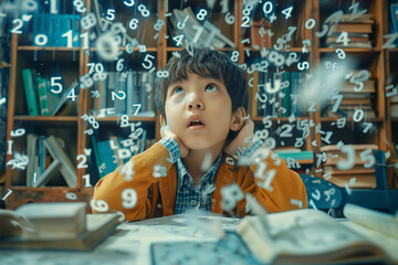 A child is immersed in wonder as numbers float around him in a whimsical dance, signifying the joy and curiosity of learning and the magic of mathematics.