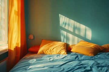 Comfortable bed with blue sheets and yellow pillows by a window in a bedroom