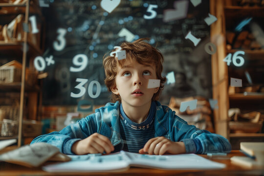 A young student is surrounded by floating mathematical symbols and numbers, capturing the magical essence of learning as equations come to life in his imaginative world.