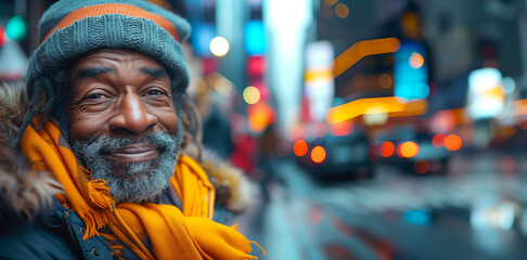 Obraz premium The city watches silently, as a homeless man’s cheerful demeanor masks his daily struggles, copy space