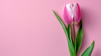  A single pink tulip with a green stem against a pink background