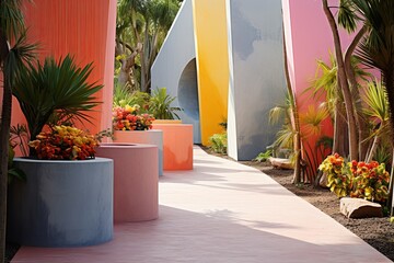 Chromatic Planter Paradigm: Avant-Garde Sculpture Garden Inspo with Polished Concrete Walkways - obrazy, fototapety, plakaty