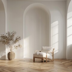 A white chair sits in front of a white wall with a large archway. The chair is placed in the center of the room, and the archway is on the left side of the chair