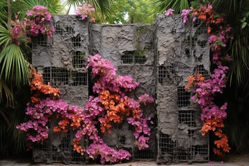 Fototapeta na wymiar Texture Garden Screens: Avant-Garde Sculpture Garden Inspirations with Spilling Bougainvillea
